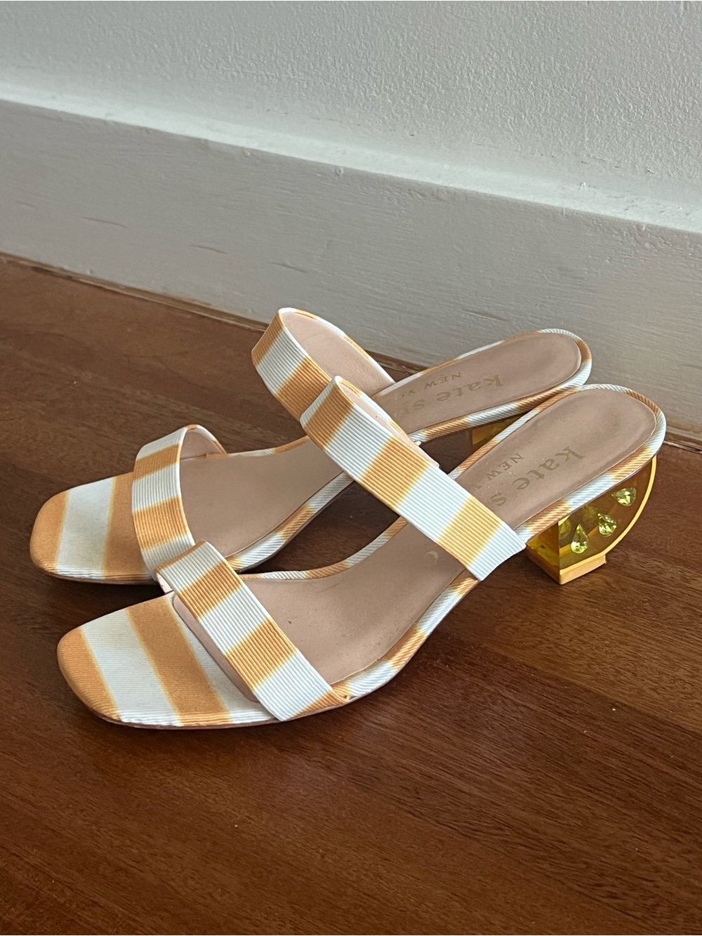 Kate Spade lemon pumps, size 7.5, Yellow & White Striped Block Heel Sandals